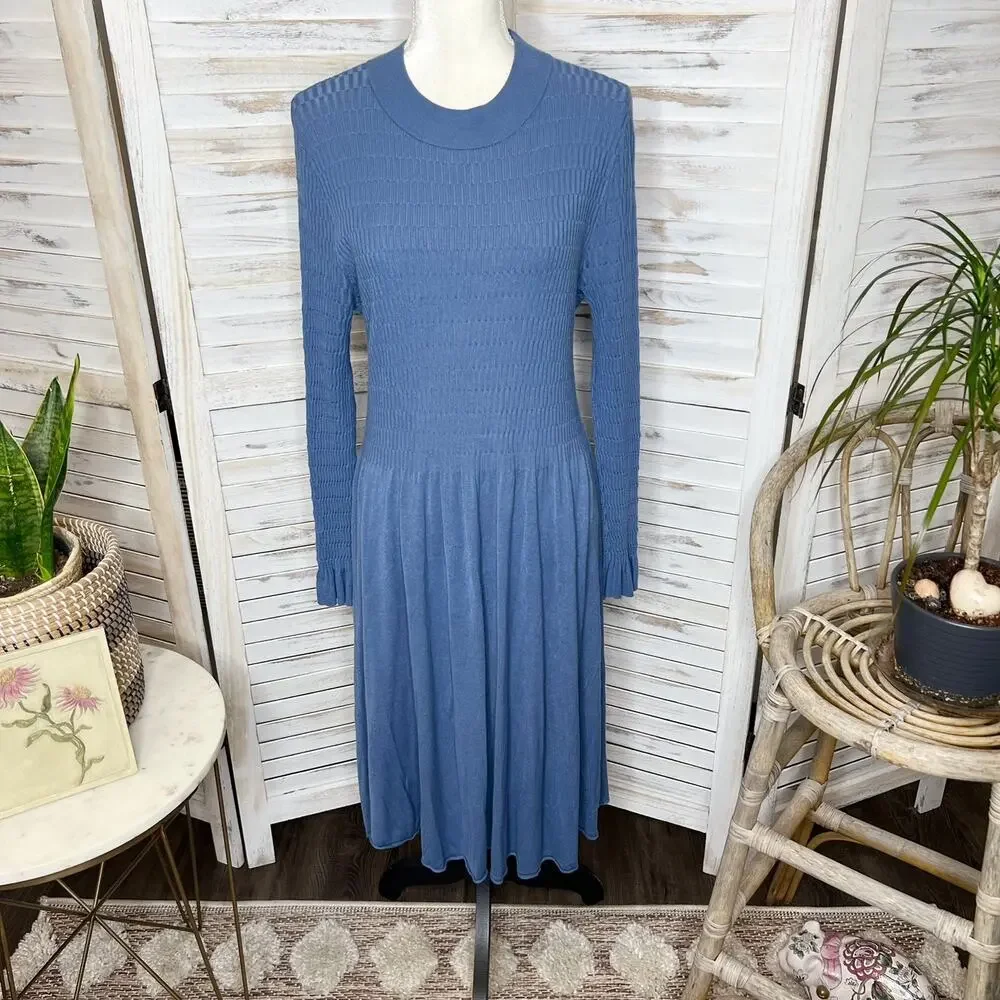 SUNDANCE Nature's Hue High Neck Ruffle Sleeve Midi Dress Blue Medium - Picture 3 of 14
